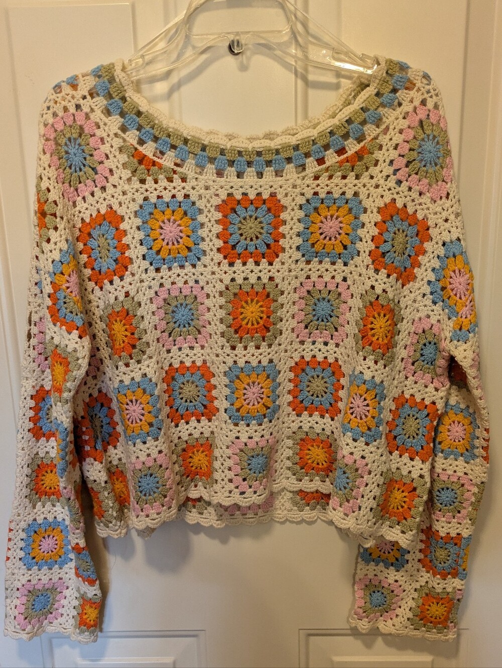 Crochet Granny Square Sweater - Multicolor Cream